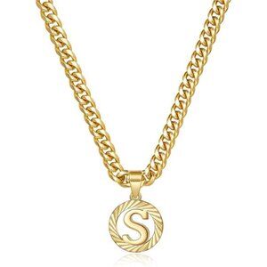 Unisex 14K Gold Plated Round Letter Monogram 5mm Cuban Chain Necklace
